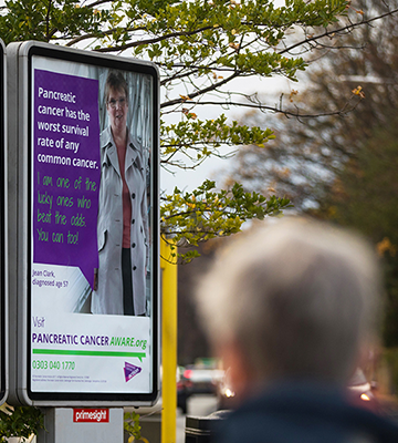 A photo of a poster featuring Jean Clark as part of Pancreatic Cancer Action's national awareness campaign for Pancreatic Cancer Awareness Month
