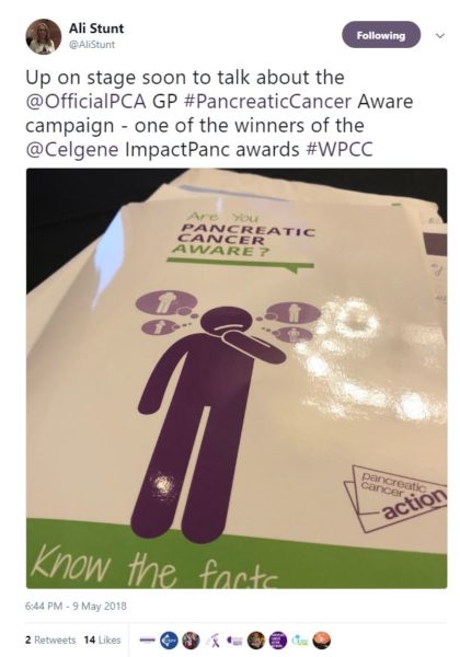 Screenshots of Ali's tweet during the World Pancreatic Cancer Coalition meeting in May 2018