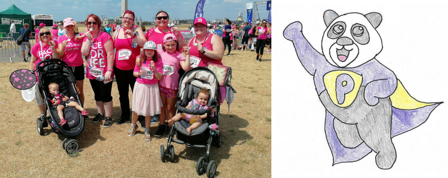 Izzy with her friends and family at the Race for Life with their Positive Panda badge.
