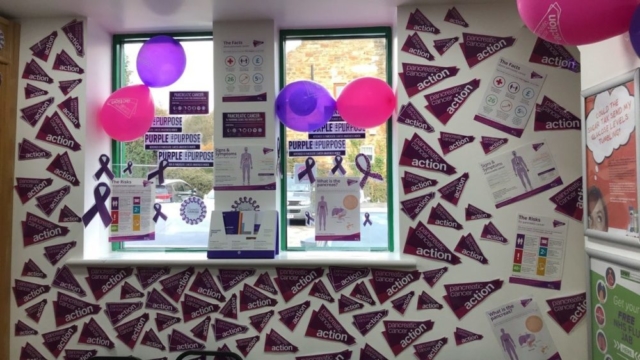 Purple walls in a pharmacy Pancreatic Cancer Action's Turn it Purple campaign