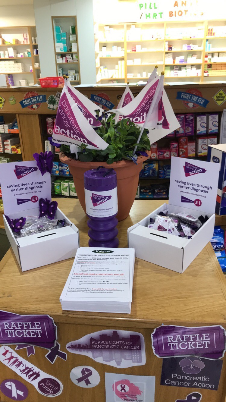 urple Pancreatic Cancer Action balloons and decorations and badges in Knights Oakwood Pharmacy for Pancreatic Cancer Action's Turn it Purple campaign